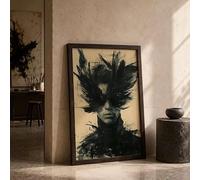 LIRHIQYGF Quadro astratto in bianco e nero con un uomo dalle piume scure e stravaganti, dipinto su tela, poster moderno per l'arredamento del soggiorno (60x90 cm/cornice)