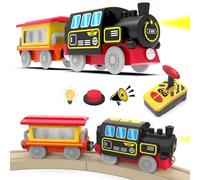 LiRiQi Treno Elettrico Telecomandata per Bambini, a Vapore con Luci e Suoni, Pista Legno Giocattolo, Locomotiva ad Azione a Batteria, Rail Passeggeri Compatibile con Thomas, Brio