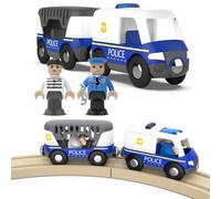 LiRiQi Treno per Bambini, Treno dei Macchina della Polizia con Luci e Suoni, Pista Treno Legno giocattolo Compatibile Thomas Brio, Macchinine giochi Veicoli Giocattolo educativo Regali Bambini 3+ Anni