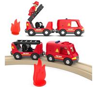 LiRiQi Treno per Bambini, Treno dei Pompieri con Luci e Suoni, Camion dei Pompieri, Pista Treno Legno giocattolo, Macchinine giochi Veicoli Compatibile Thomas,Brio, Giocattolo educativo Regali Bambini