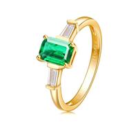 Lirzxin Anelli Donna Oro 14K, Anello Nuziale Donna Elegante 4 Punte Smeraldo Verde Sintetico Rettangolare da 1.80ct e Moissanite Anello per Fidanzata, Sposa Oro Giallo Misura 26
