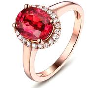 Lirzxin Anello di Fidanzamento Oro Rosa 14K, Anelli Fedina Donna Rubino Sintetico Ovale da 1.5ct e Moissanite Classico Halo Anello per Mamma, Fidanzata, Sposa Oro Rosa Misura 6,75