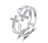 Lirzxin Anello Donna Oro Bianco 14K, Anello Fedina Donna Doppia Croce Aperto Regolabile con Moissanite Rotonda Anelli per Mamma, Fidanzata, Sposa Oro Bianco Misura 25
