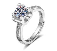 Lirzxin Anello Matrimonio Oro Bianco 9K, Anello Nuziale Donna Design Geometrico Regolabile Moissanite Rotonda A 4 Punte Anelli per Mamma, Fidanzata, Sposa Oro Bianco Misura 10