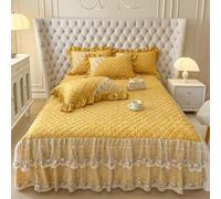 Lirzxin Gonna da Letto, Copriletto con Angoli Matrimoniale, Lenzuola da Letto Sopra e 2 Federe Velluto Tinta Unita Viti di Fiori In Goffratura con Ricamato Invernale, 180x220 CM, Giallo