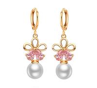 Lirzxin Orecchini Donna Pendenti Oro 18K, Orecchini Sposa Pendenti Cerchio con Fiore di Cristallo Rosa e Perla Piercing Orecchino Oro Giallo