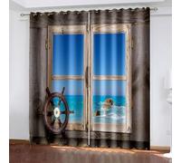 Lirzxin Tende Oscuranti Camera da Letto per Interni 2 Pezzi, Tenda Elegante da Finestra con Anelli Paesaggio Finestra Timone e Mare Tende Salone Moderne 102x160 CM (LxA), Grigio Marrone Blu