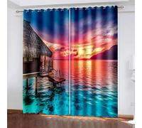 Lirzxin Tende Oscuranti per Interni 2 Pezzi, Tenda Finestra Camera da Letto con Anelli Paesaggio di Casa Vacanze e Mare Al Tramonto Tende Soggiorno 152x244 CM (LxA), Blu Verde Arancione