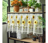 Lirzxin Tende Piccole per Cucina, Tenda Trasparente Corta Motivo Girasole Ricamate con Nappe Tendina Cucina Bistrot Mantovana Tenda Porta Armadio, 180x60CM, Giallo Verde, Un Pezzo