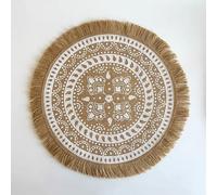 Lirzxin Tovaglietta Americana Rotonde, Set di 2 Tovagliette Cucina Lavabili Motivo Geometrico e Fiori con Frange Lino Tovagliette Resistenti al Calore (Beige Giallo Bianco, 38CM)