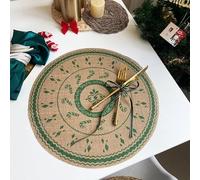Lirzxin Tovagliette Americane Rotonde, Set di 2 Tovaglietta Americana Motivo Fiocco di Caramelle Natale Lino Tovagliette Antiscivolo, Resistenti al Calore e Lavabili (Verde, 38CM)