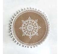 Lirzxin Tovagliette Americane Rotonde, Set di 2 Tovaglietta Americana Motivo Geometrico e Fiori con Palla Lino Tovagliette Resistenti al Calore e Lavabili (Beige Giallo Bianco, 38CM)