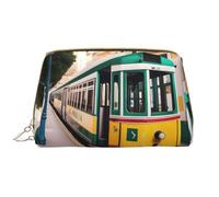 Lisbon Tram Pattern Leather Hand Held Zipper Makeup Bag Cute Make Up Case Large Wide Open Pouch Pen Case, bianco, Taglia unica