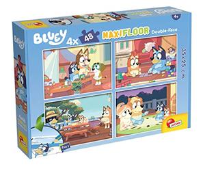 Liscianigiochi Bluey Puzzle DF Maxi Floor 4 x 48, Multicolore, 100354 | Puzzle per bambini 2 in 1 - Retro da colorare in seguito - Diverse figure della serie - 48 pezzi per puzzle in formato 35 x