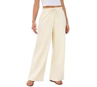 Lishang Pantaloni di Lino Donna Estivi Elastico Vita Alta Pantaloni Freschi Estivi Donna Pantalone Casual Spiaggia Comodi con Tasche Beige M