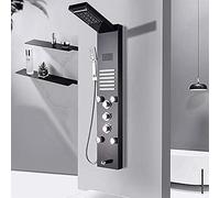 LISHEUK Colonna Doccia con Pannello a Pioggia, Cascata, LED, Pannello Doccia per Vasca, Miscelatore termostatico, Rubinetto per Doccia, Torre con/doccetta Manuale - Nero, Nero