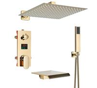 LISHEUK Pannello Doccia a LED, Colonna Doccia Nera, Schermo Digitale, Temperatura, Miscelatore a 3 Maniglie, Rubinetto per Bidet e Doccia (Dimensioni: 12 Pollici)