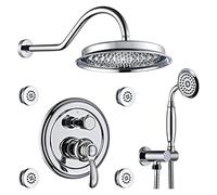 LISHEUK Sistema Doccia, Sistema Doccia a Pioggia, soffione Doccia Rotondo da 9 Pollici con Montaggio a Parete, doccetta e Kit valvola in Ottone multigetto per Massaggio Completo