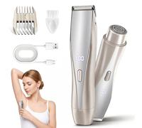 Listeadio Rasoio per bikini da donna, 2 in 1, indolore, display a LED, impermeabile IPX7, lame in ceramica, rasoio elettrico per zona pubica, viso, ascelle, gambe, tutto il corpo (argento champagne)