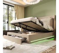 Lit capitonné lumineux LED, 140 x 190, lit hydraulique, tiroirs de rangement 2 en 1 en bout de lit, band lumineuses LED encastrées des deux côtés du lit, sommier à lattes, sans matelas, velours, beige