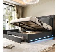 Lit capitonné lumineux LED, 140 x 190, lit idraulico, tiroirs de rangement 2 en 1 en bout de lit, band lumineuses LED encastrées des deux côtés du lit, sommier à lattes, sans matelas, velours, grigio