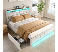 LIt Cassapanca matrimoniale 140 x 190 con 4 cassetti, letto 140 x 190 cm con rete a LED e 2 USB e tipo-C, testiera imbottita con contenitore letti per 2 persone per adulti adolescenti lino (beige, 140