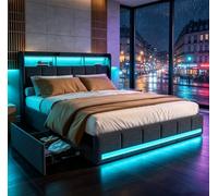 LIt Cassapanca matrimoniale 140 x 200 con 4 cassetti, letto 140 x 200 cm con rete a LED e 2 USB e tipo-C, testiera imbottita con contenitore letti per 2 persone per adulti adolescenti lino (grigio-6