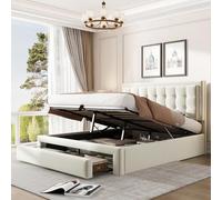 Lit rembourré 140 x 190 Avec sommier à Lattes et tête de lit, lit de rangement, lit rembourré hydraulique, lit Double, Avec 2 tiroirs, Support de Lattes en Bois, velluto, beige