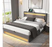 Lit rembourré 140 x 190 cm, Avec Port USB (supporte le chargement sans fil et filaire), Avec éclairage et Espace de Rangement, sans matelas, PU Lychee Design, grigio