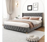 Lit rembourré 140 x 190 cm Avec Sommier à Lattes et tête de lit, rembourrage à rivets, Pieds en Bois, velluto, grigio