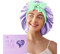 LitBear Cuffia da Notte per Donna in Seta di Gelso 100%, 6A 22 Momme, per Capelli Ricci e Lunghi, Doppio Strato con Fascia Regolabile (Viola e Verde)