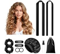LitBear Heatless Curls Overnight - Bigodini Heatless Curls Overnight, 2 misure, da donna, con cappa per dormire, senza calore, con scrunchies e clip per capelli lunghi e medi (nero)