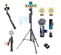 Litchitech Treppiede per iPhone Anriod Phone da 180,1 cm, kit per Vlogging per iPhone, Content Creator Essentials, con luce, treppiede girevole a 360°, microfono senza fili, telecomando