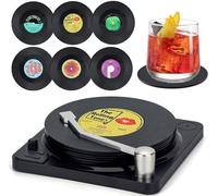 Litensh sottobicchieri in vinile retrò CD, antiscivolo, in gomma, isolati, rotondi, per tè, caffè, bevande, protezione da tavolo impedisce lo scivolamento del supporto (Modello M1 + Supporto)