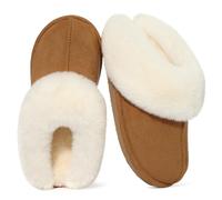 Litfun Fuzzy House Slippers for Women Fluffy Memory Foam Suede Slippers with Faux Fur Collar Indoor Outdoor, Brown 40/41 (Size 7.5-8)