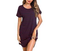 Litherday Camicie da Notte Donna Estiva Cotone Manica Corte Sexy Camicie Notte Pigiama a Girocollo Curvy 95% Cotone con 2 Tasche,Blu Rossa,L