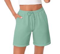 Litherday Pantaloncini Donna Estivi Cotone Elasticizzato Shorts Casual Vita Alta con Tasche Orlo Risvoltato per Jogging Yoga Fitness Verde Chiaro L