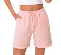 Litherday Pantaloncini Donna Estivi Cotone Elasticizzato Shorts Casual Vita Alta con Tasche Orlo Risvoltato per Jogging Yoga Fitness Rosa XXL