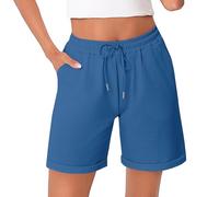 Litherday Pantaloncini Donna Estivi Cotone Elasticizzato Shorts Casual Vita Alta con Tasche Orlo Risvoltato per Jogging Yoga Fitness Blu Reale M