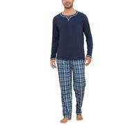 Litherday Pigiama da Uomo Invernale Pigiama Lungo in Cotone da Uomo Pigiama a Maniche Lunghe con Coulisse e Tasche 2 Pezzi,Blu Scuro,XL