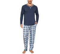 Litherday Pigiama da Uomo Invernale Pigiama Lungo in Cotone da Uomo Pigiama a Maniche Lunghe con Coulisse e Tasche 2 Pezzi,Blu Navy,S