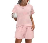 Litherday Pigiama Donna Corto Estivo Cotone Pigiami Due Pezzi da Donna Righe Pigiami a Maniche Corte e Pantaloncini con Tasca Pigiami Casual da Casa Morbido S-XXL
