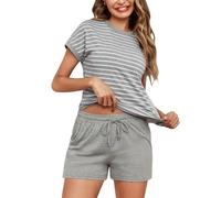 Litherday Pigiama Donna Corto Estivo Cotone Pigiami Due Pezzi da Donna Righe Pigiami a Maniche Corte e Pantaloncini con Tasca Pigiami Casual da Casa Morbido S-XXL