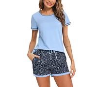 Litherday Pigiama Donna Cotone Estivo Corto Due Pezzi con Maglia Girocollo e Pantaloncini Morbido Leggero da Casa e da Notte Donna Pigiama Corto Donna A-Cielo Blu L