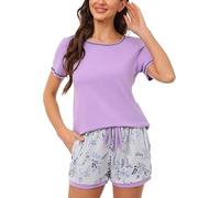 Litherday Pigiama Donna Cotone Estivo Corto Due Pezzi con Maglia Girocollo e Pantaloncini Morbido Leggero da Casa e da Notte Donna Pigiama Corto Donna A1-Viola XXL