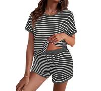 Litherday Pigiama Donna Estivo Cotone Corto Pigiami Due Pezzi Set da Notte a Righe Girocollo e Pantaloncini con Tasche Casual da Casa Confortevole Morbido