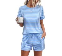 Litherday Pigiama Donna Estivo Cotone Corto Pigiami Due Pezzi Set da Notte a Righe Girocollo e Pantaloncini con Tasche Casual da Casa Confortevole Morbido