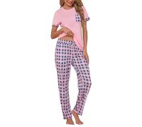 Litherday Pigiama Donna Estivo Due Pezzi in Cotone Morbido con Maglietta Girocollo Manica Corta e Pantaloni Lunghi a Quadri Rosa +Motivo a Quadri L