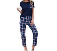 Litherday Pigiama Donna Estivo Due Pezzi in Cotone Morbido con Maglietta Girocollo Manica Corta e Pantaloni Lunghi a Quadri Blu Scuro + Motivo a Quadri Rosa L