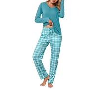 Litherday Pigiama Donna Invernale in Cotone Due Pezzi con Maglia a Manica Lunga e Pantaloni a Quadri Scollo a V Comodo per Casa Autunno Inverno,Blu Lago,S